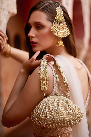 Gold Satin Bead Work Clutch by Lovetobag