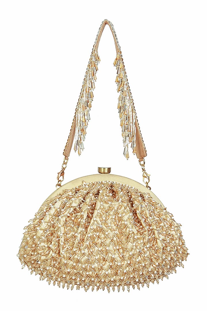 Gold Satin Bead Work Clutch by Lovetobag at Pernia's Pop Up Shop