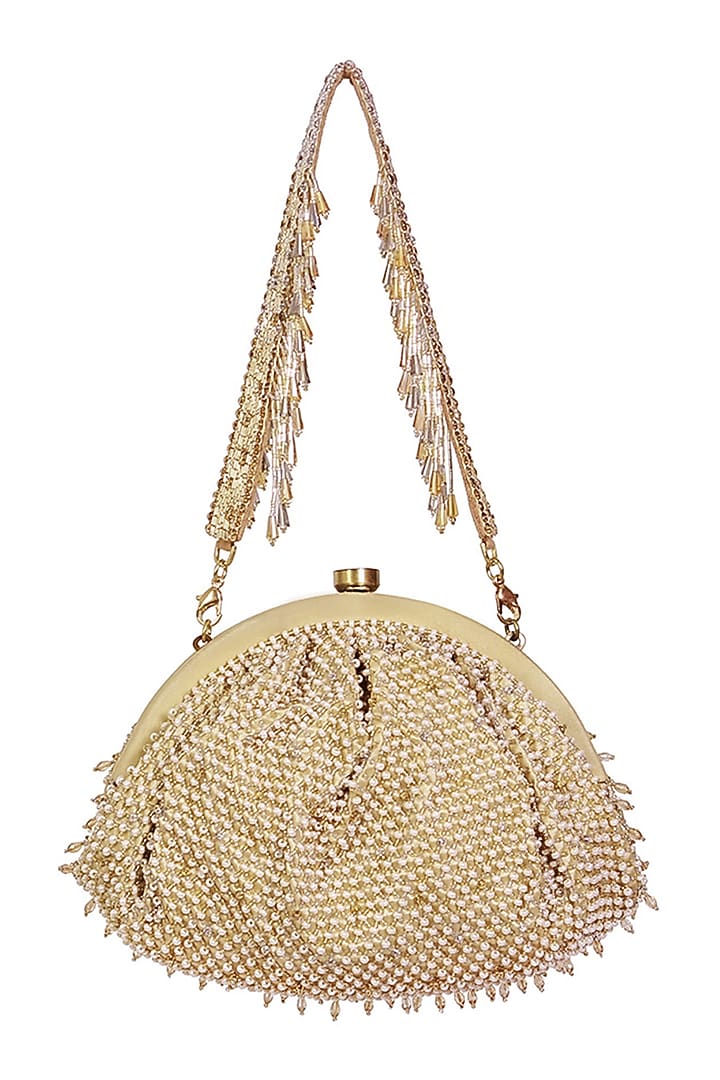 Gold Satin Bead Work Clutch by Lovetobag at Pernia's Pop Up Shop
