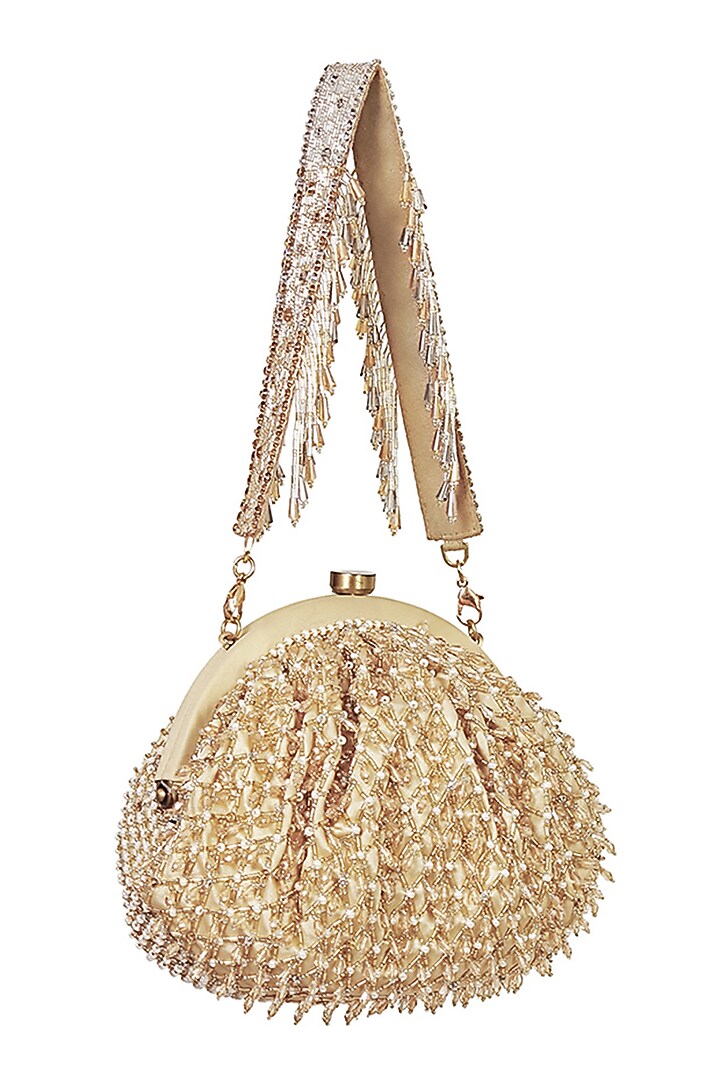 Gold Satin Bead Work Clutch by Lovetobag at Pernia's Pop Up Shop