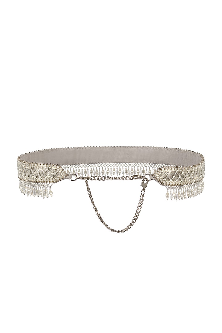 Silver Satin Hand Embroidered Waist Belt by Lovetobag at Pernia's Pop Up Shop