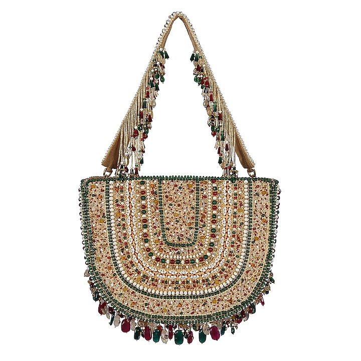 Gold & Emerald Green Embellished Clutch With Handle by Lovetobag at Pernia's Pop Up Shop