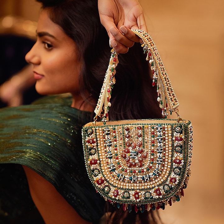 Gold & Emerald Green Embellished Clutch With Handle by Lovetobag at Pernia's Pop Up Shop