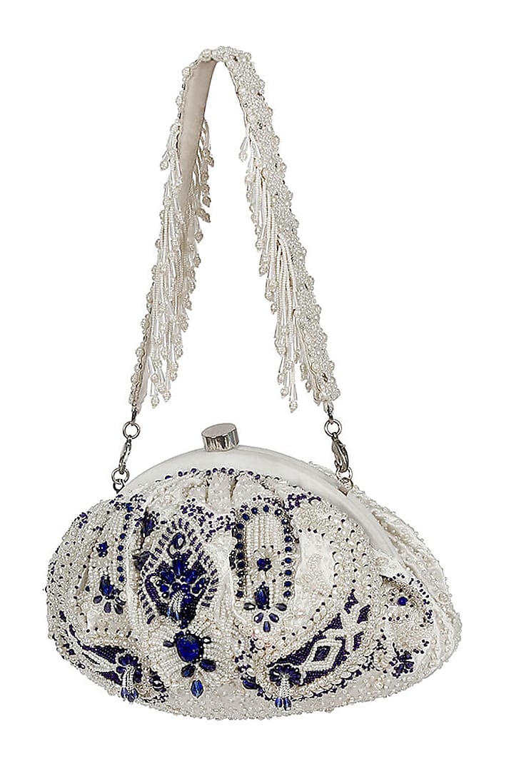 Ivory & Lapis Blue Satin Crystal Hand Embroidered Pouch by Lovetobag at Pernia's Pop Up Shop