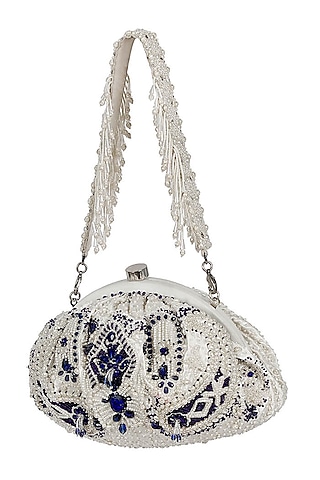 Ivory & Lapis Blue Satin Crystal Hand Embroidered Pouch by Lovetobag