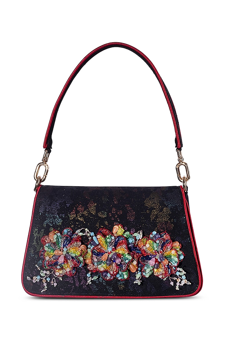 Black Georgette Floral Embellished Handbag by Lovetobag at Pernia's Pop Up Shop