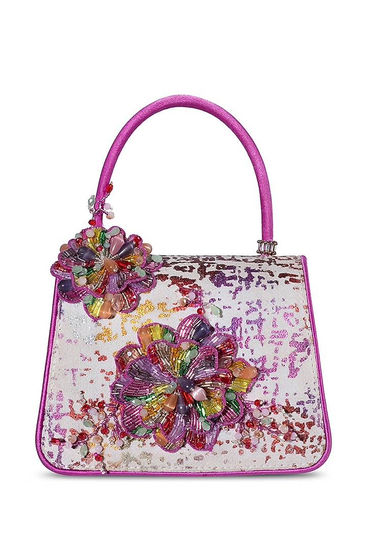 White Georgette Floral Embellished Mini Bag by Lovetobag at Pernia's Pop Up Shop