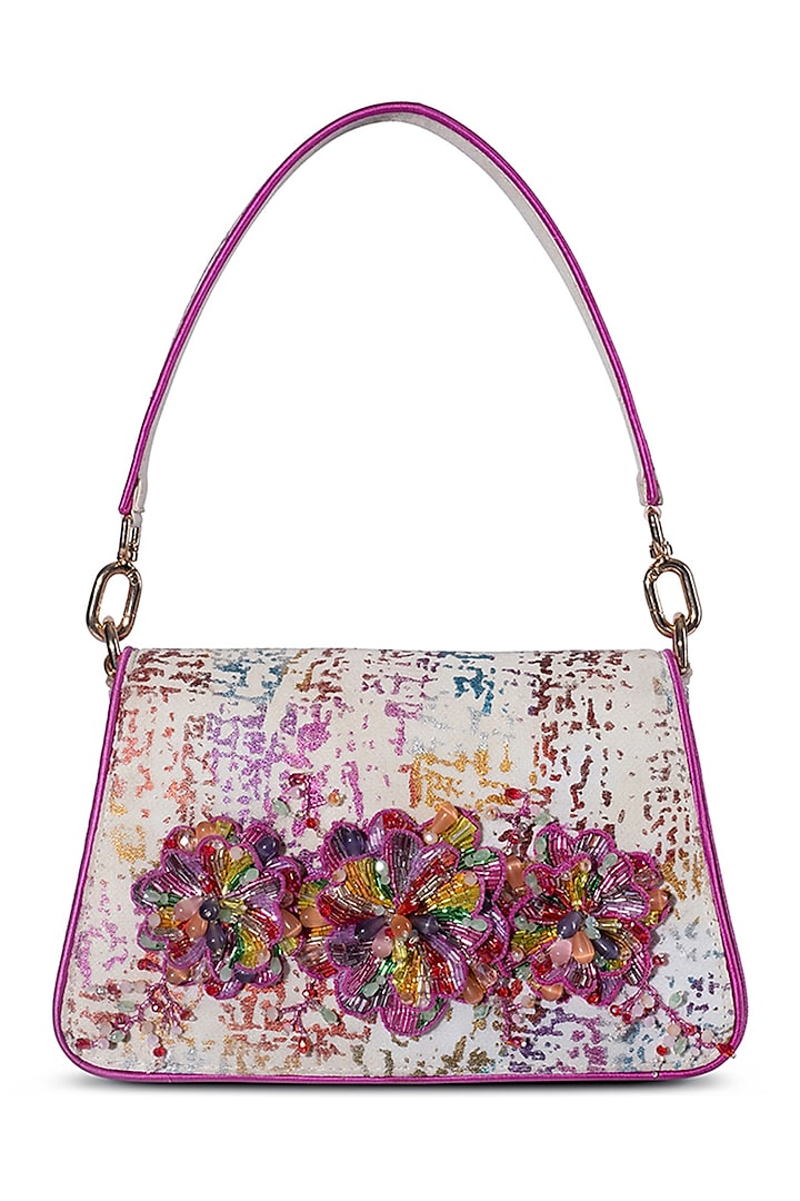 White Georgette Floral Beaded & Rhinestone Hand Work Trapezium Bag by Lovetobag at Pernia's Pop Up Shop