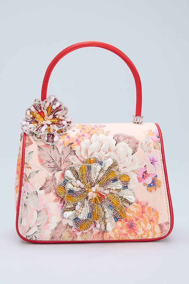 Peach Georgette Japanese Beads & Rhinestone Embellished Mini Trapezium Clutch by Lovetobag at Pernia's Pop Up Shop
