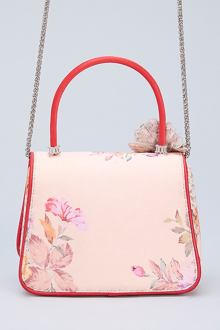 Peach Georgette Japanese Beads & Rhinestone Embellished Mini Trapezium Clutch by Lovetobag at Pernia's Pop Up Shop