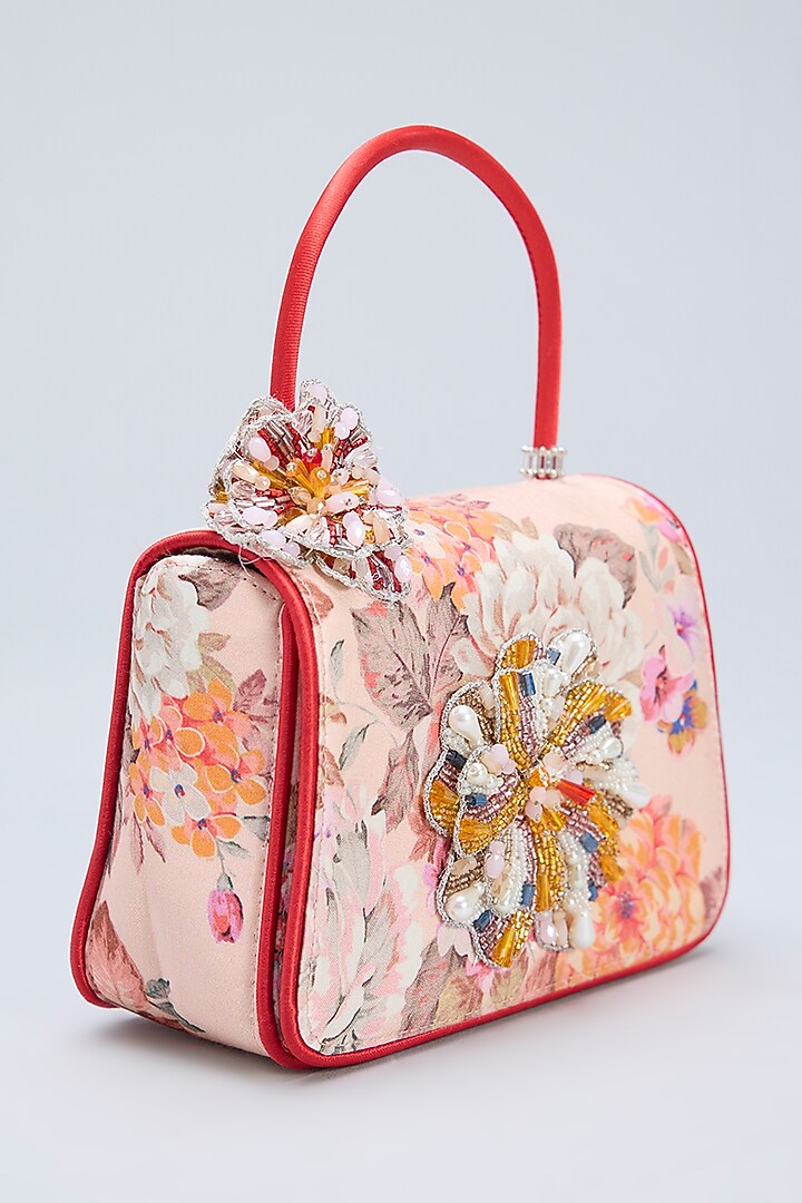 Peach Georgette Japanese Beads & Rhinestone Embellished Mini Trapezium Clutch by Lovetobag at Pernia's Pop Up Shop