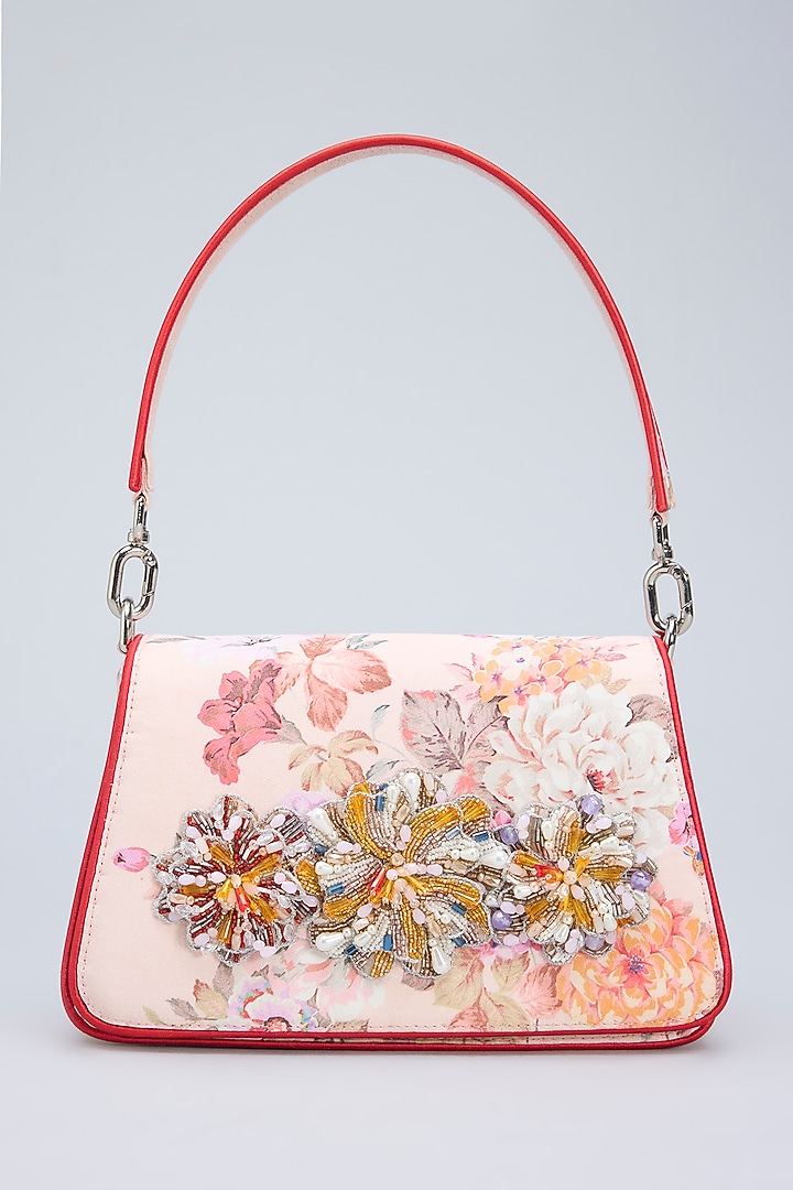 Peach Georgette Floral & Japanese Beads Embellished Trapezium Clutch by Lovetobag at Pernia's Pop Up Shop