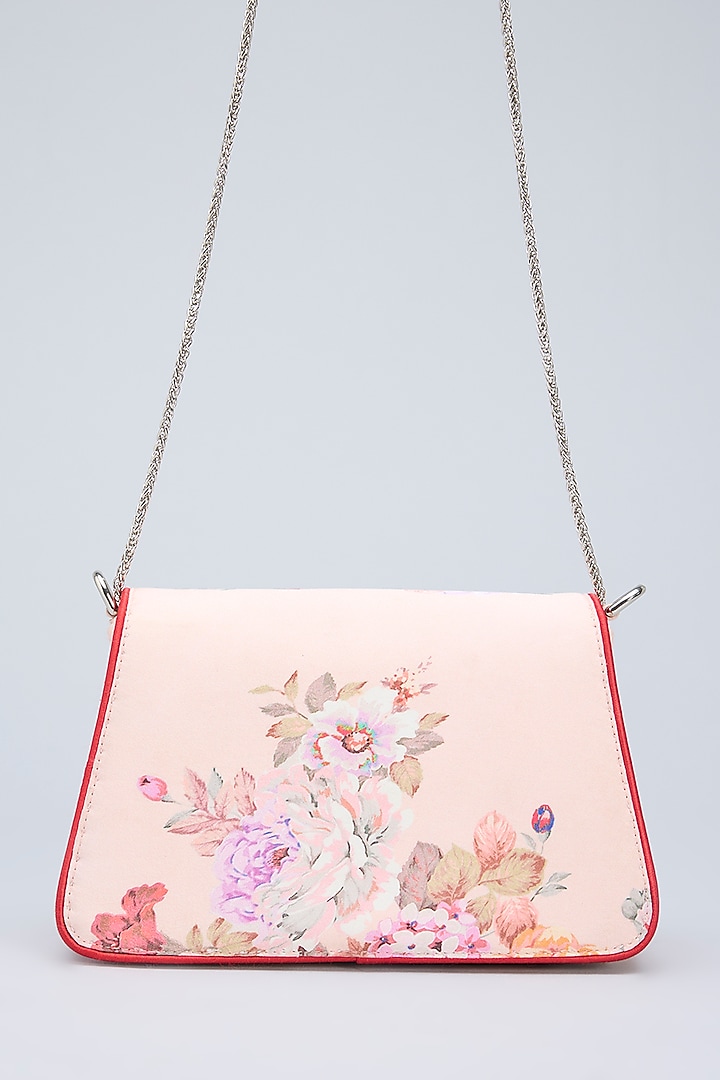 Peach Georgette Floral & Japanese Beads Embellished Trapezium Clutch by Lovetobag at Pernia's Pop Up Shop