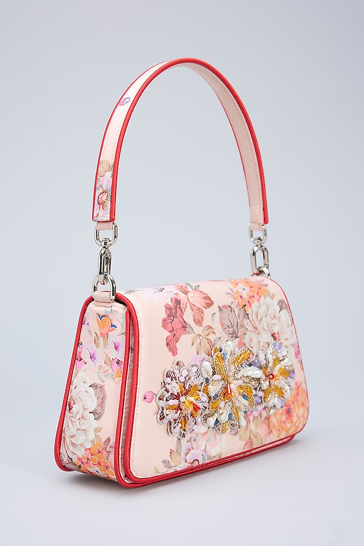 Peach Georgette Floral & Japanese Beads Embellished Trapezium Clutch by Lovetobag at Pernia's Pop Up Shop