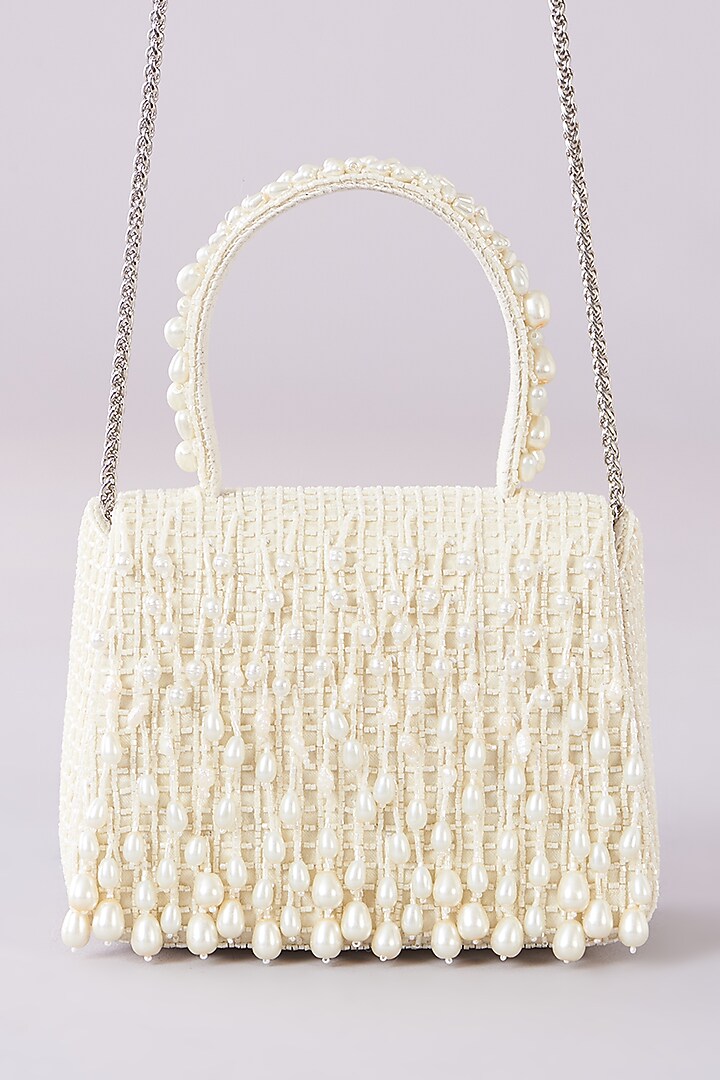 Pristine Ivory Satin Hand Embroidered Clutch by Lovetobag at Pernia's Pop Up Shop