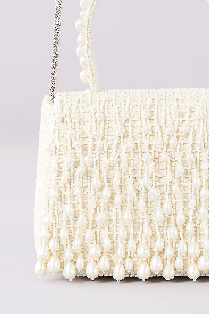 Pristine Ivory Satin Hand Embroidered Clutch by Lovetobag at Pernia's Pop Up Shop