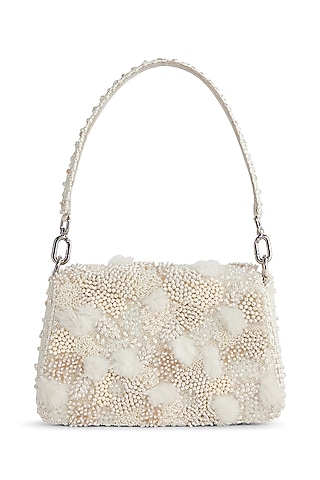 Pristine Ivory Satin Pearl & Crystal Embellished Hand Bag by Lovetobag