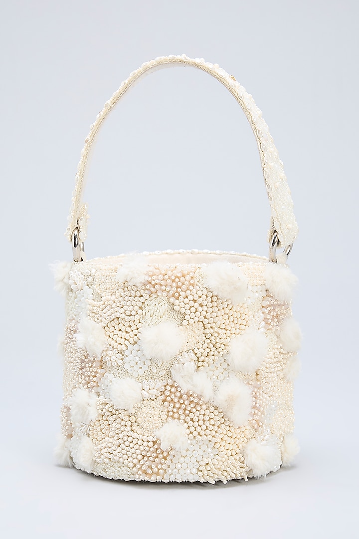 Pristine Ivory Satin Pearl & Crystal Embellished Cylindrical Basket Bag by Lovetobag at Pernia's Pop Up Shop