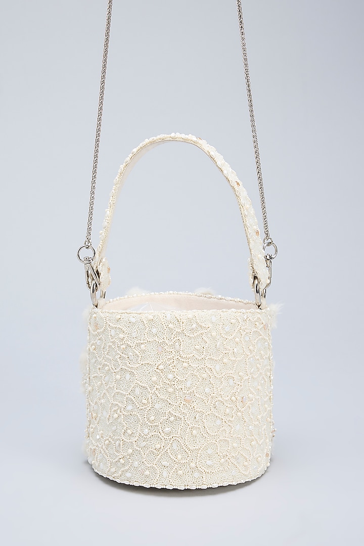 Pristine Ivory Satin Pearl & Crystal Embellished Cylindrical Basket Bag by Lovetobag at Pernia's Pop Up Shop