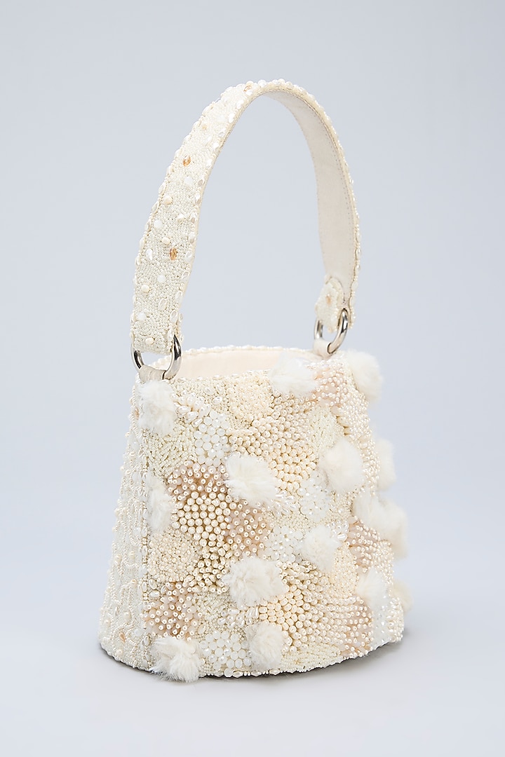 Pristine Ivory Satin Pearl & Crystal Embellished Cylindrical Basket Bag by Lovetobag at Pernia's Pop Up Shop
