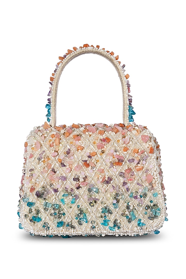 Multi-Colored Satin Pearl & Semi-Precious Stone Work Trapezium Bag by Lovetobag at Pernia's Pop Up Shop