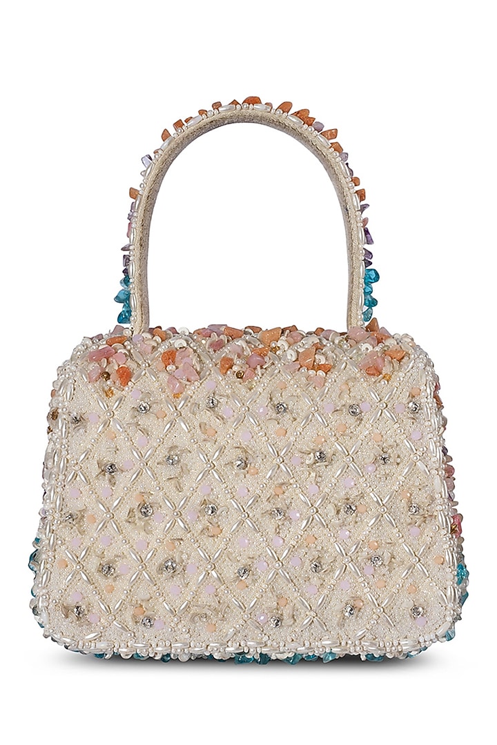 Multi-Colored Satin Pearl & Semi-Precious Stone Work Trapezium Bag by Lovetobag at Pernia's Pop Up Shop