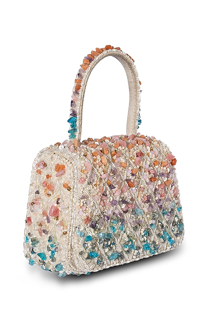 Multi-Colored Satin Pearl & Semi-Precious Stone Work Trapezium Bag by Lovetobag at Pernia's Pop Up Shop