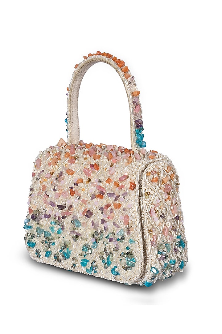 Multi-Colored Satin Pearl & Semi-Precious Stone Work Trapezium Bag by Lovetobag at Pernia's Pop Up Shop