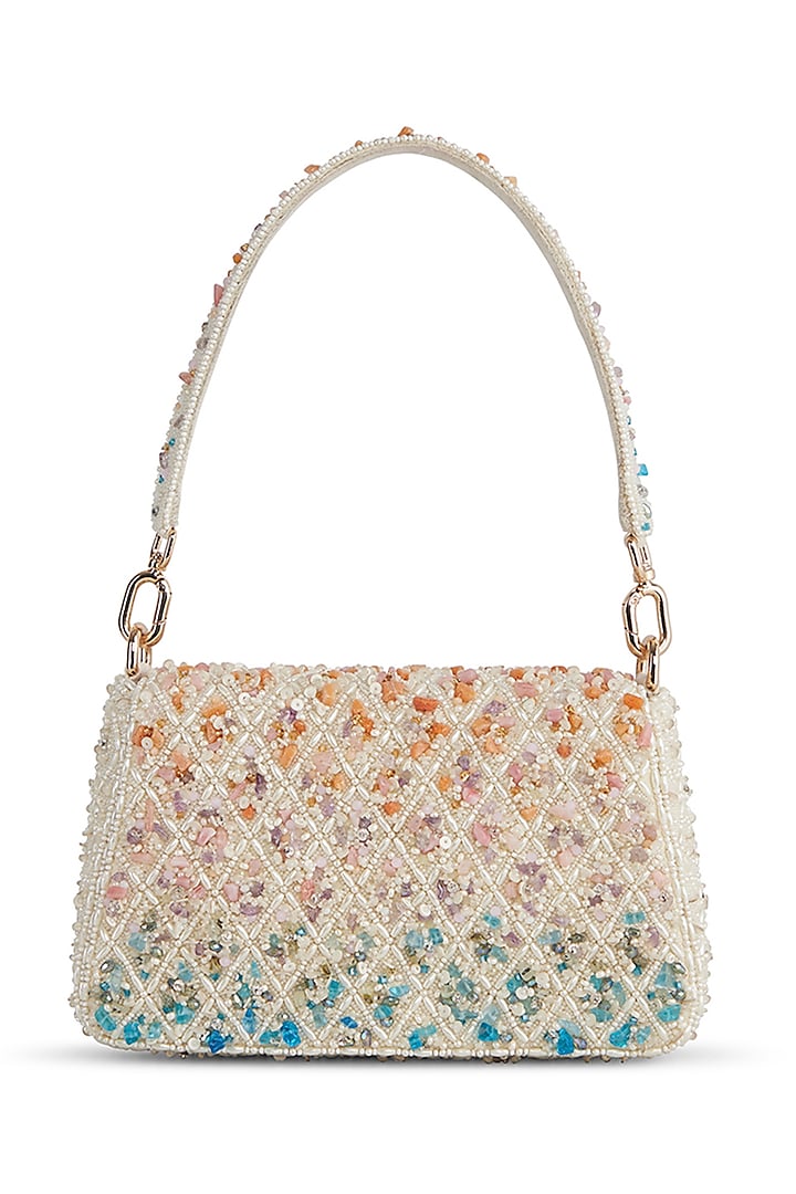 Multi-Colored Satin Pearl & Semi-Precious Stone Work Trapezium Bag by Lovetobag at Pernia's Pop Up Shop