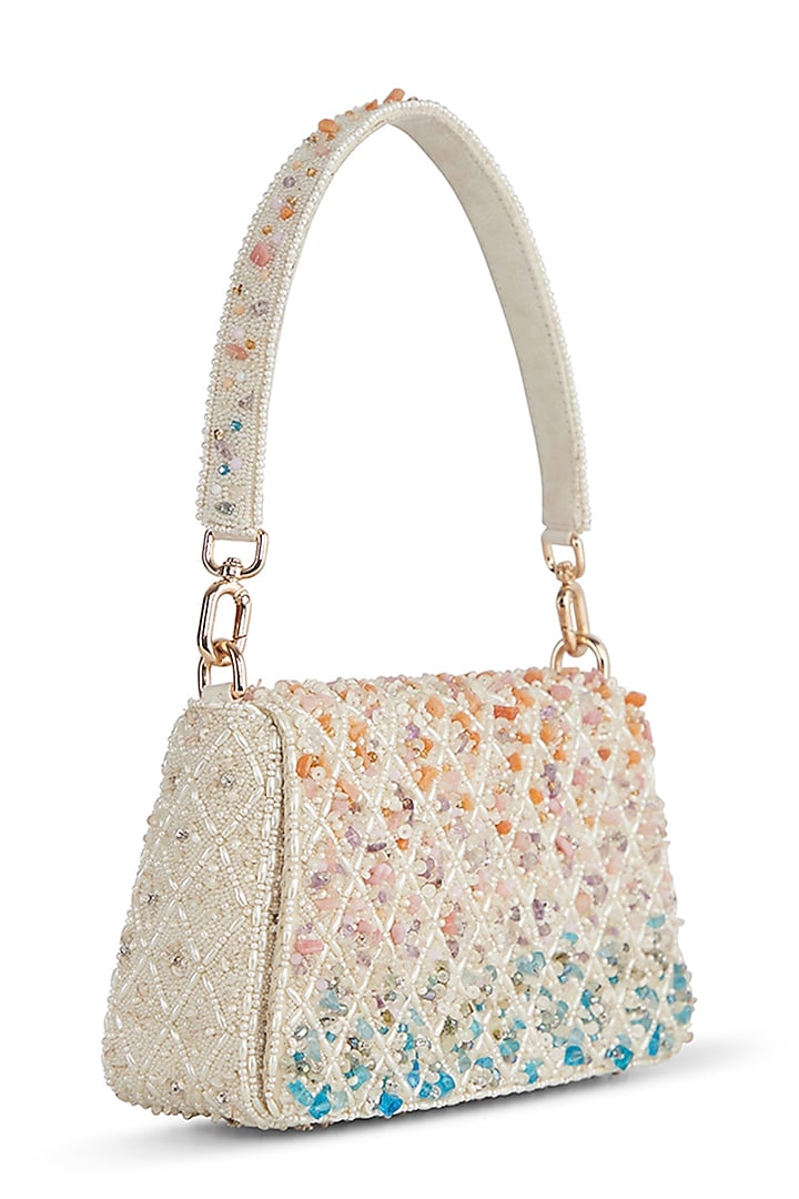Multi-Colored Satin Pearl & Semi-Precious Stone Work Trapezium Bag by Lovetobag at Pernia's Pop Up Shop