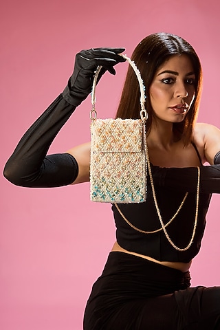 Multi-Colored Satin Pearl Embellished Long Trapezium Bag by Lovetobag