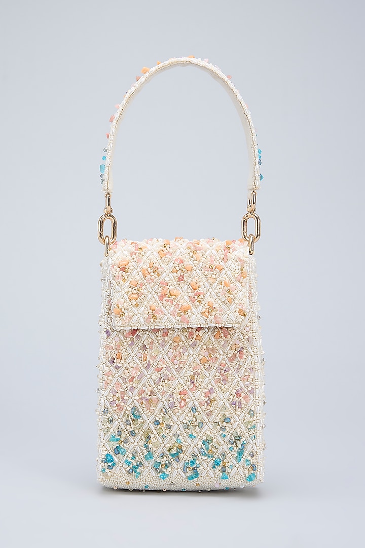 Multi-Colored Satin Pearl Embellished Long Trapezium Bag by Lovetobag at Pernia's Pop Up Shop