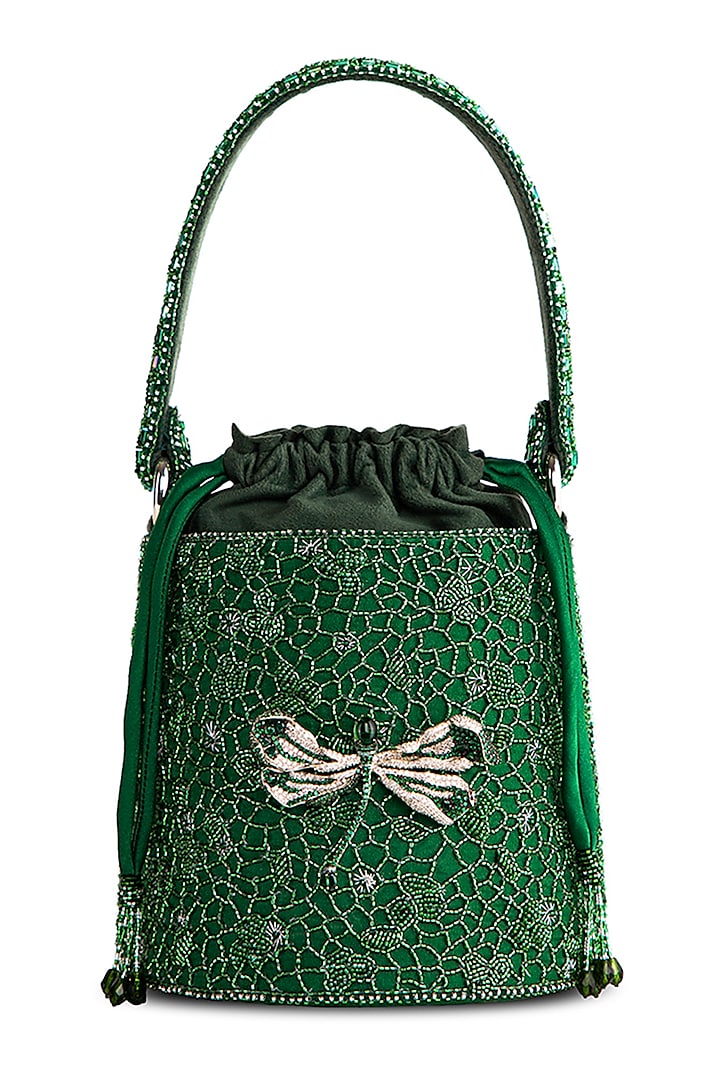 Emerald Green Satin Zircon Embellished Bucket Bag by Lovetobag at Pernia's Pop Up Shop