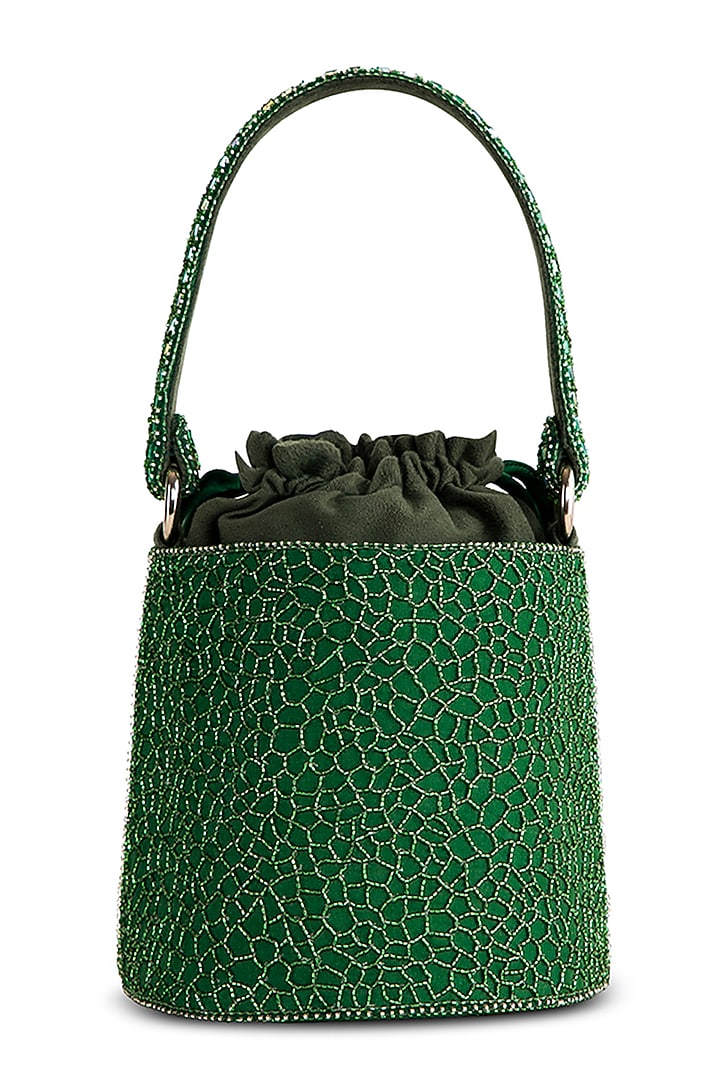 Emerald Green Satin Zircon Embellished Bucket Bag by Lovetobag at Pernia's Pop Up Shop