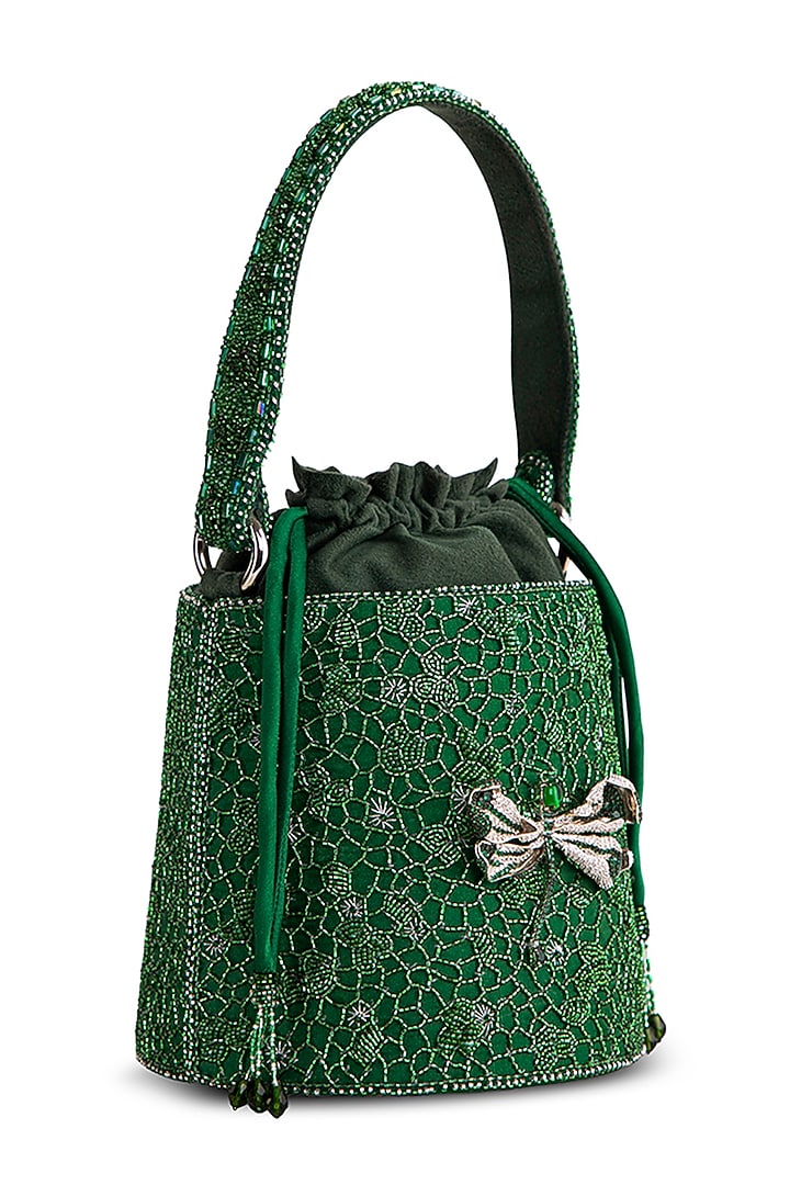 Emerald Green Satin Zircon Embellished Bucket Bag by Lovetobag at Pernia's Pop Up Shop