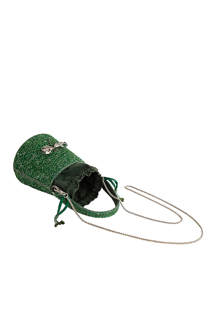 Emerald Green Satin Zircon Embellished Bucket Bag by Lovetobag at Pernia's Pop Up Shop