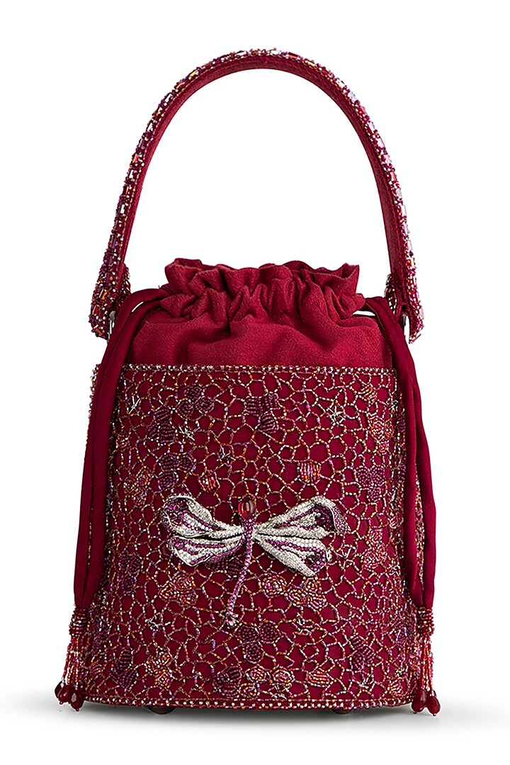 Ruby Red Satin Zircon Embellished Bucket Bag by Lovetobag at Pernia's Pop Up Shop