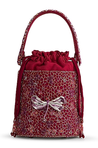 Ruby Red Satin Zircon Embellished Bucket Bag by Lovetobag