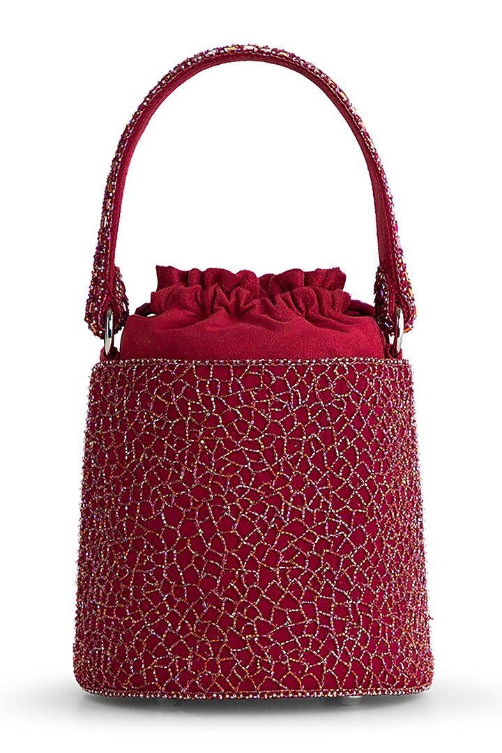 Ruby Red Satin Zircon Embellished Bucket Bag by Lovetobag at Pernia's Pop Up Shop