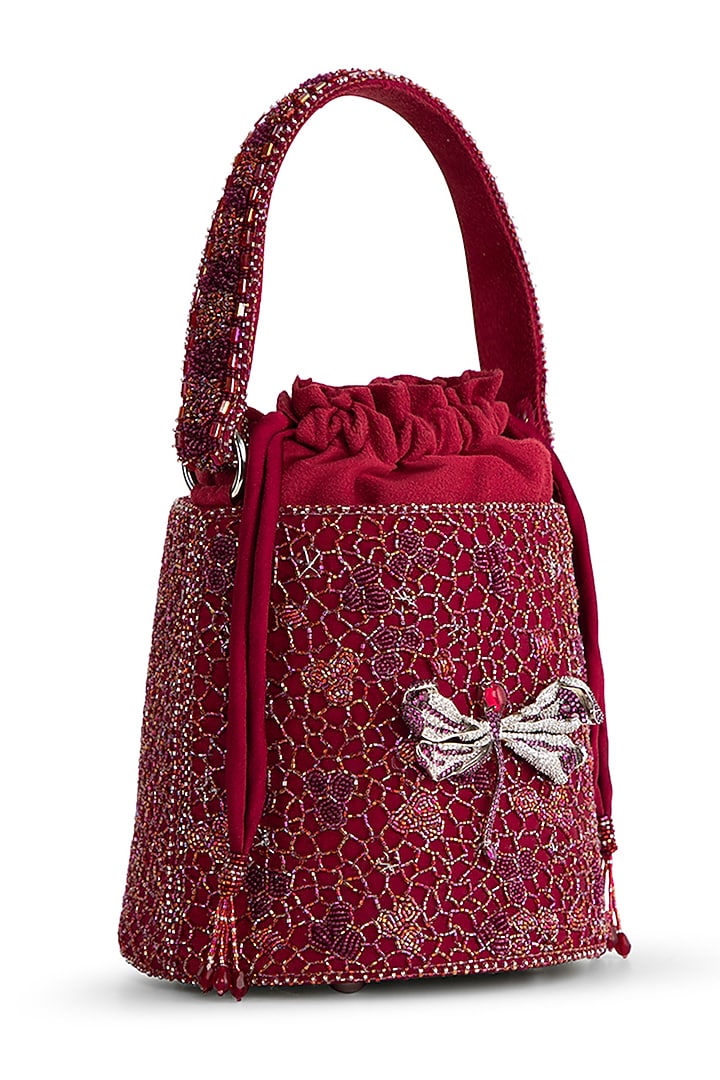 Ruby Red Satin Zircon Embellished Bucket Bag by Lovetobag at Pernia's Pop Up Shop