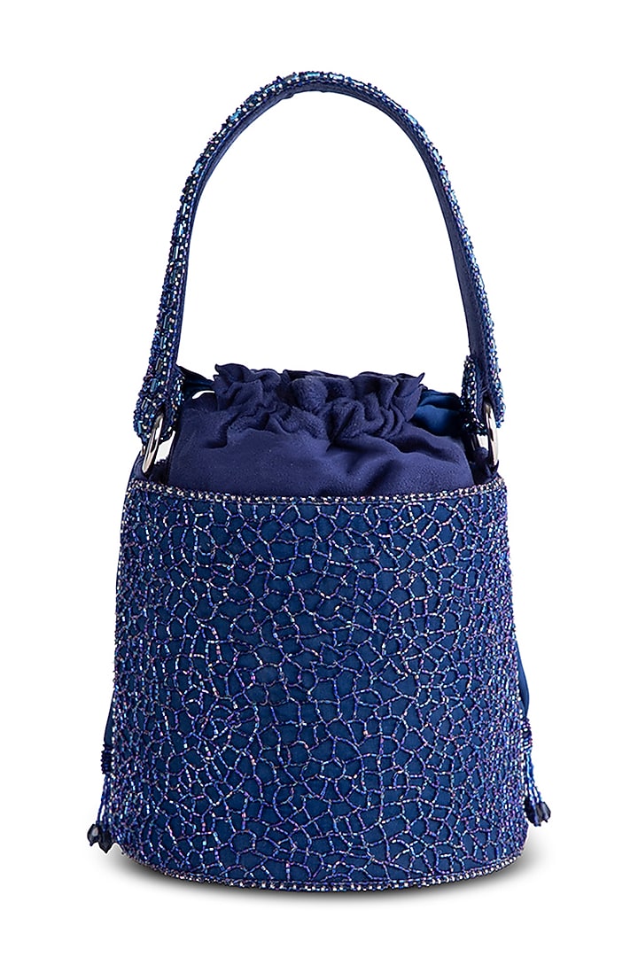 Topaz Blue Satin Zircon Embellished Bucket Bag by Lovetobag at Pernia's Pop Up Shop