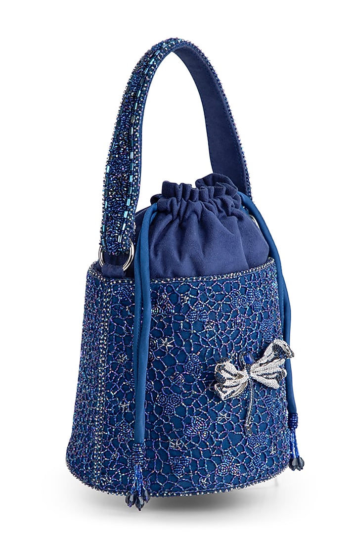 Topaz Blue Satin Zircon Embellished Bucket Bag by Lovetobag at Pernia's Pop Up Shop