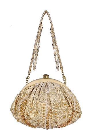Gold Satin Hand Embroidered Pouch by Lovetobag