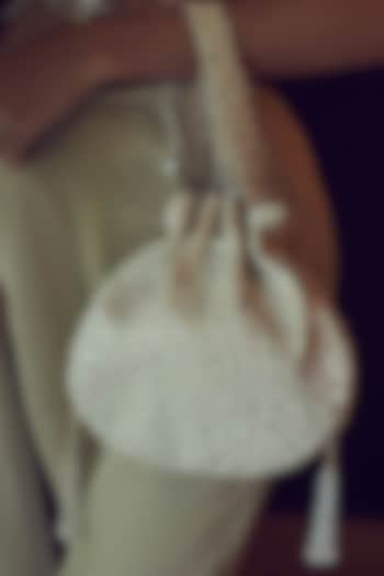 Pristine Ivory Satin Hand Embroidered Potli Bag by Lovetobag at Pernia's Pop Up Shop