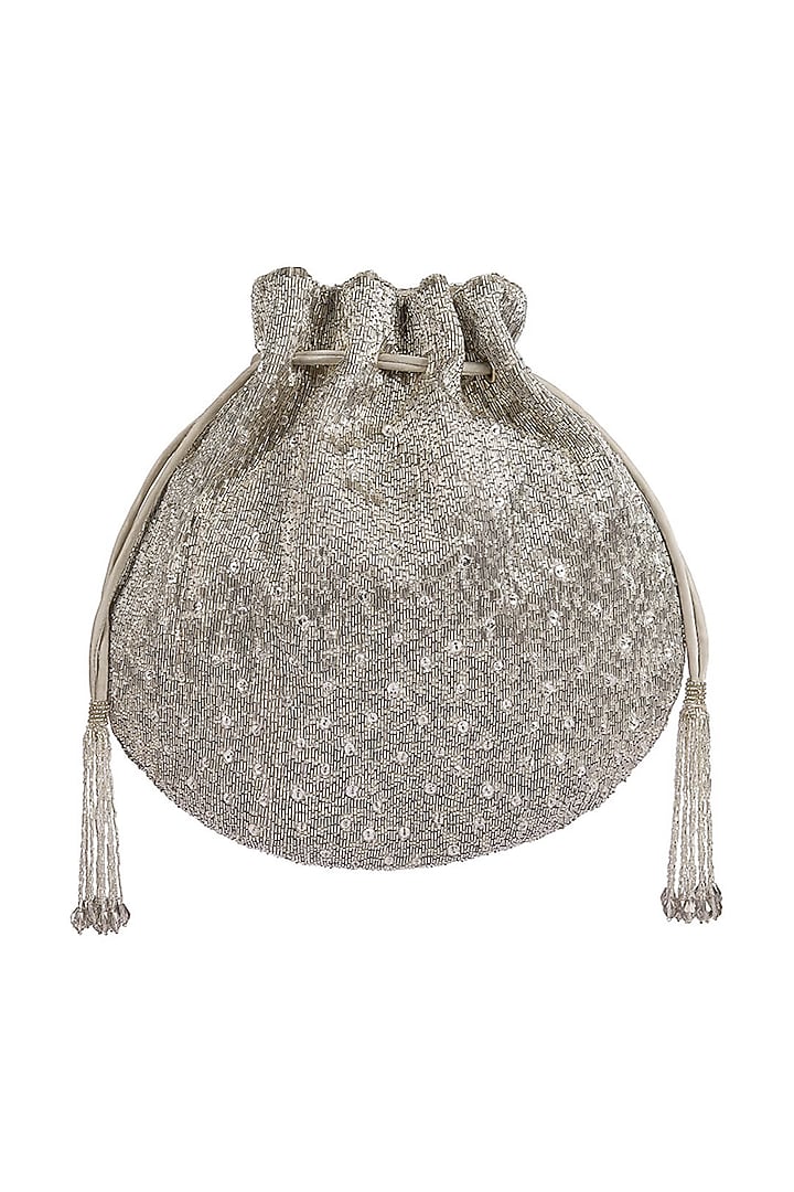 Pristine Ivory Satin Hand Embroidered Potli Bag by Lovetobag at Pernia's Pop Up Shop