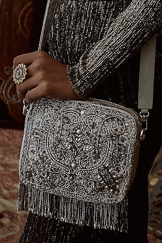 Silver Satin Glass Crystal & Pearl Hand Embroidered Cross-Body Bag by Lovetobag