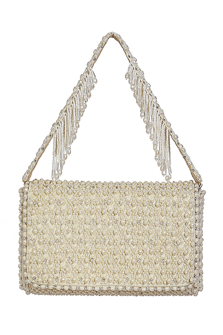 White Satin Pearl Work Flapover Clutch by Lovetobag at Pernia's Pop Up Shop