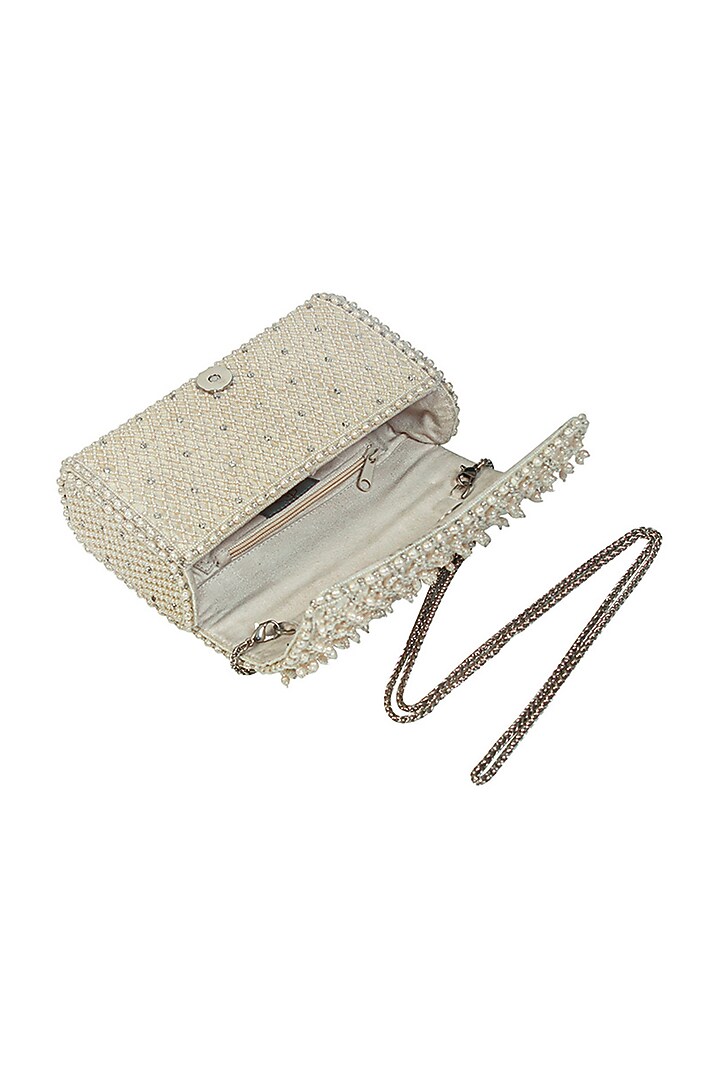 White Satin Pearl Work Flapover Clutch by Lovetobag at Pernia's Pop Up Shop