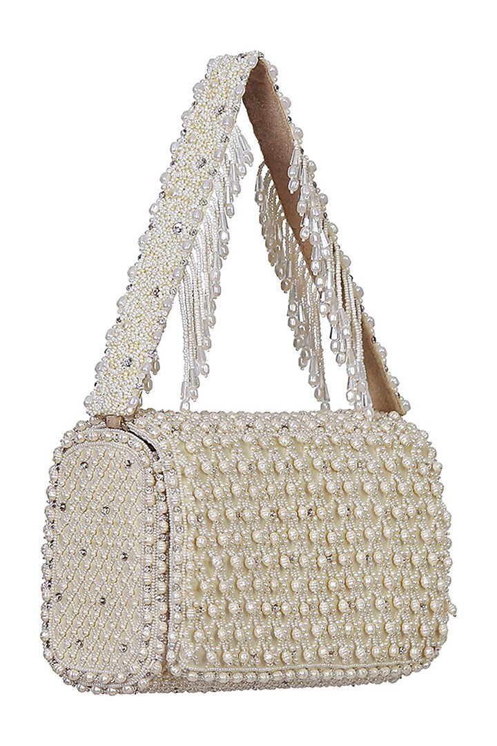 White Satin Pearl Work Flapover Clutch by Lovetobag at Pernia's Pop Up Shop