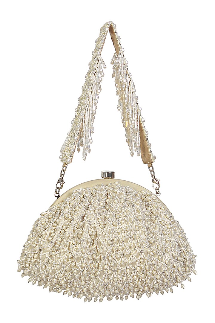 White Satin Bead Work Clutch by Lovetobag at Pernia's Pop Up Shop